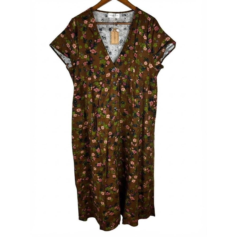 New Natural Life Avery Cotton Corduroy Floral Midi Dress M Brown V-Neck Boho  L